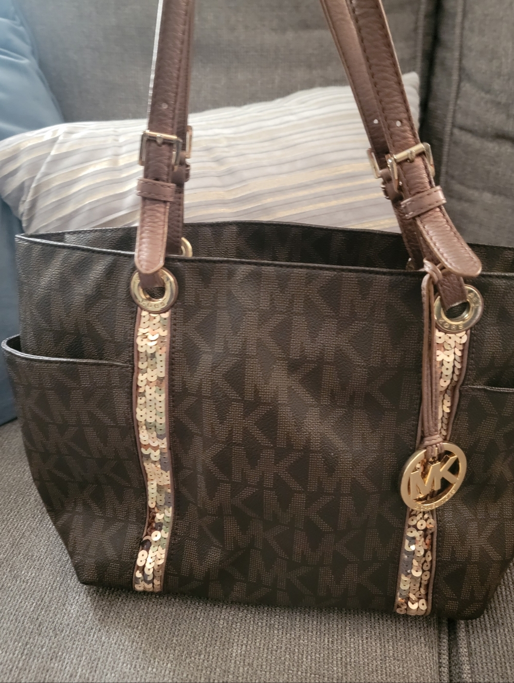 Michael Kors Brown MK Logo Sequin Tote Bag